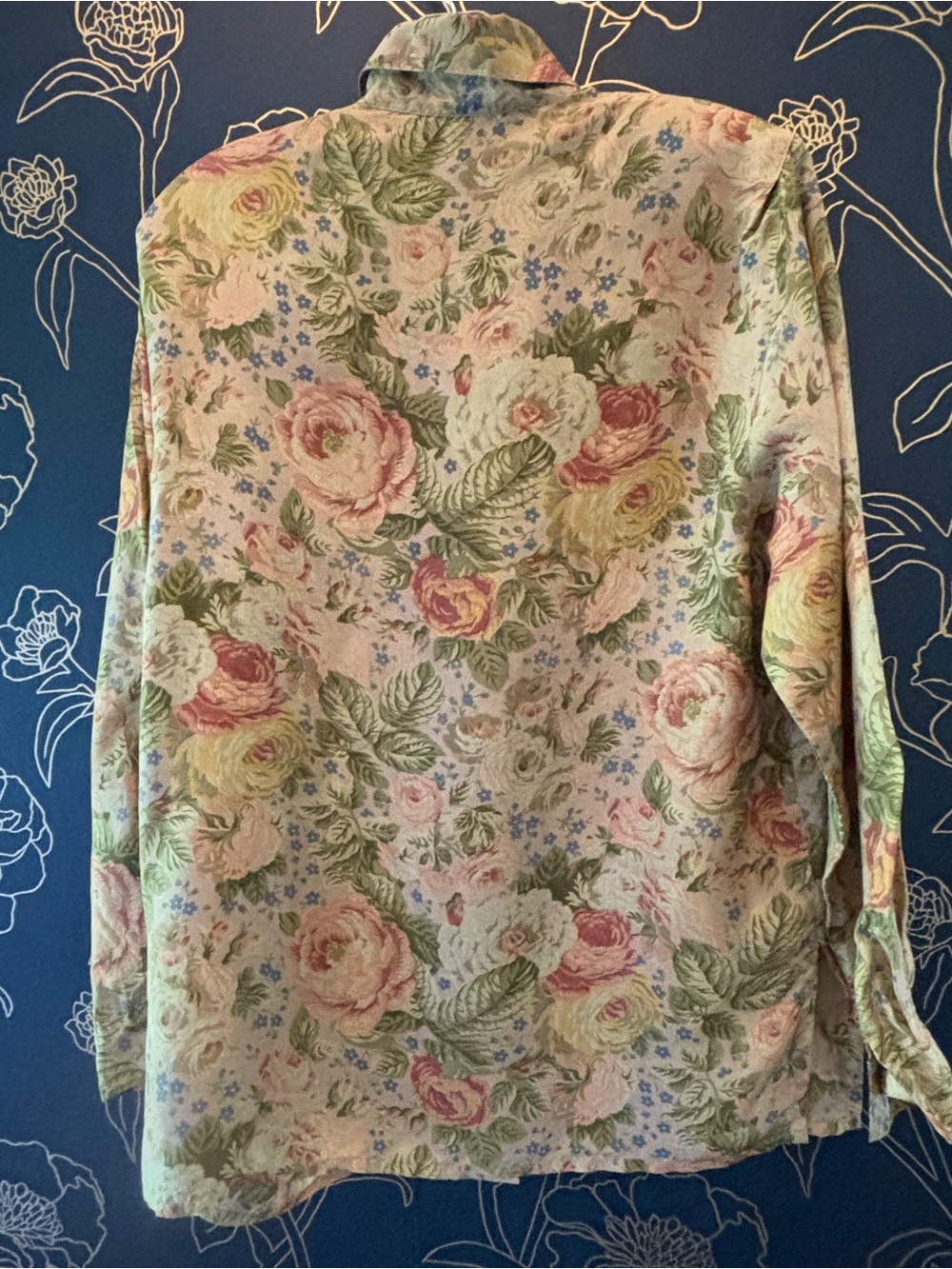 VINTAGE 80s floral SILK BLOUSE cottagecore SHOULDERPADS designer LARGE - Picture 2 of 6
